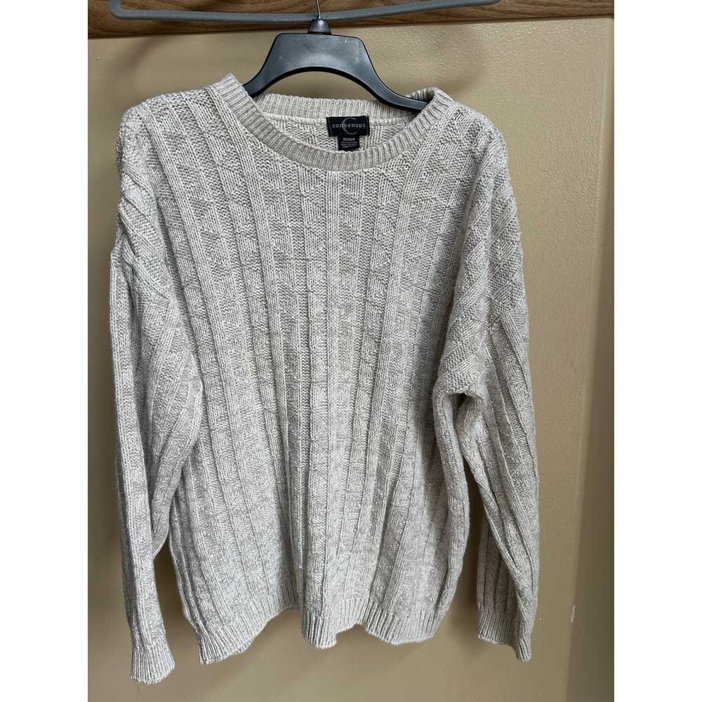 VTG Consensus Mens Beige Cotton Cable Knit Crewneck Sweater Made in USA Med